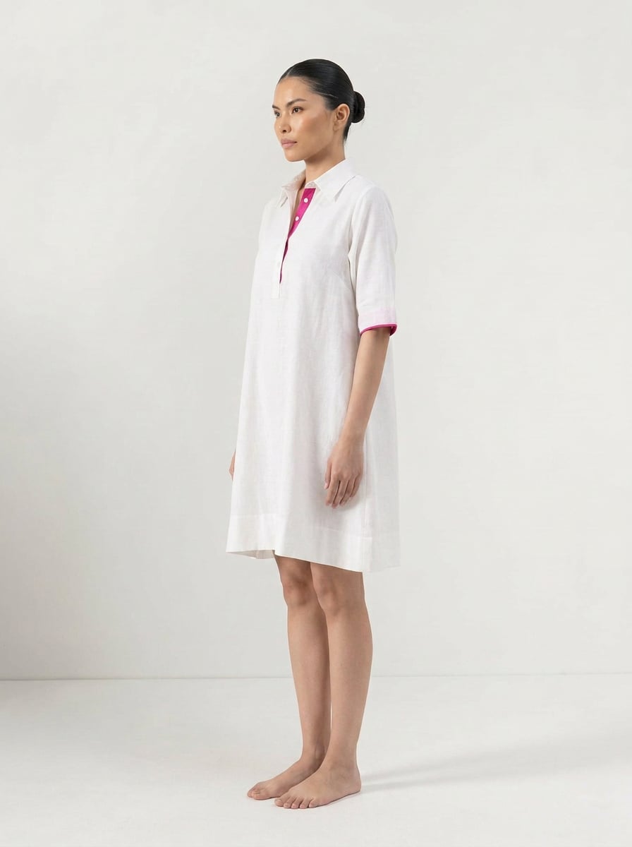 Side view of A-Line Shirt Dress With Button Placket in handspun and handwoven khadi fabric.