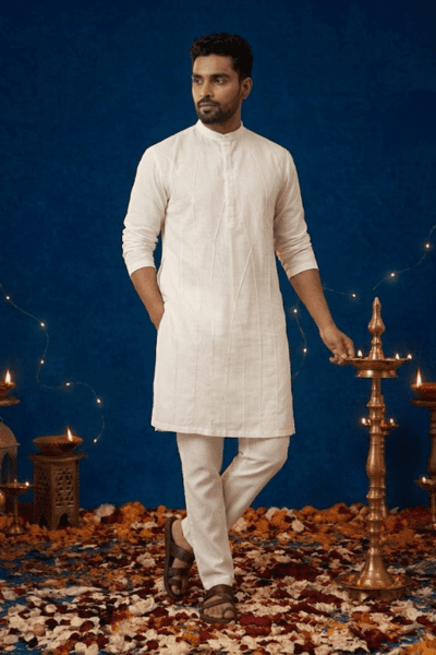 Pintucked Pattern Men's Kurta With Mandarin Collar for Diwali 2026